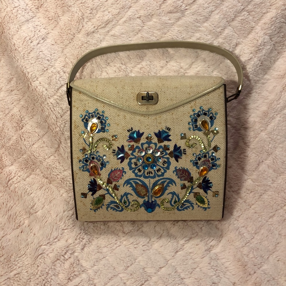 Vintage tan fabric purse with blue flower design